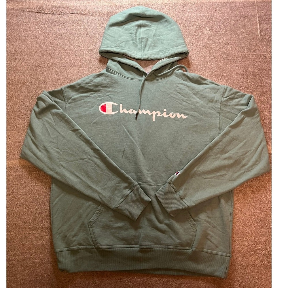 Champion XL Sage Green Script Logo Fleece Pullover Hoodie